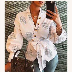 Lantern Sleeve Surplice Wrap Blouse by CBR Size Small NWT White Fitted Chic Edgy